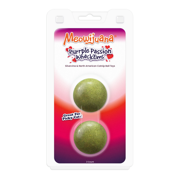 Meowijuana Purple Passion Whack’Ems cat toy balls – 2-pack of silvervine and catnip balls, great for picky cats.